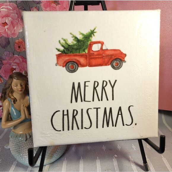 DECOUPAGE CANVAS PRINTS MERRY CHRISTMAS RED TRUCK - Picture 1 of 1